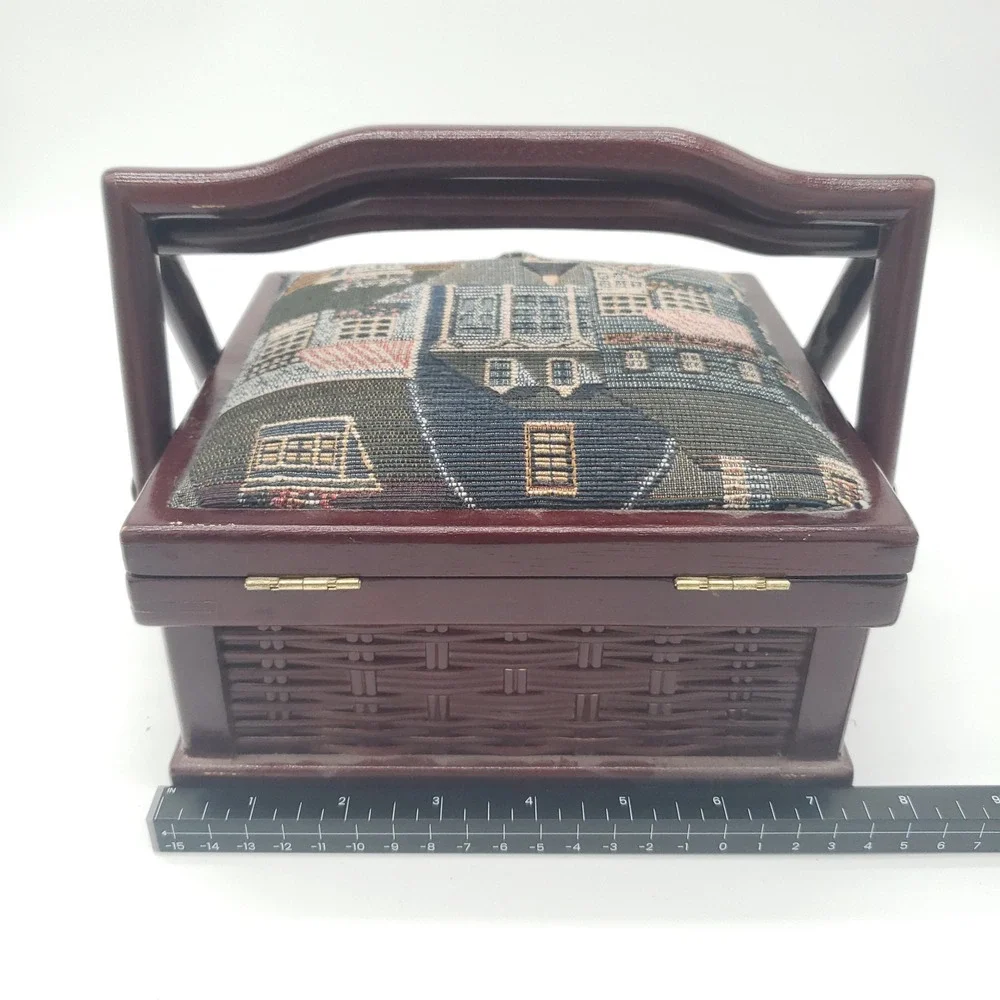 Vintage Wooden Sewing Basket Tapestry Lid Village Scene Jewelry Box Organizer